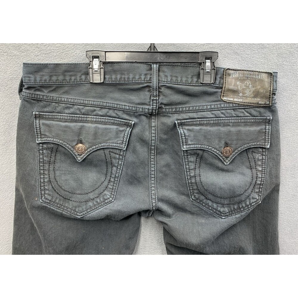True Religion Mens Ricky Denim Jeans Flaps 249-063034 Black Made In USA 38X32 - Picture 10 of 16